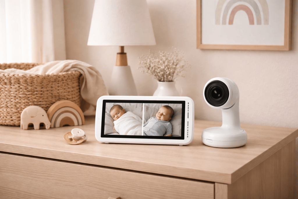Calm nursery setup with baby monitor displaying two babies on split screen and camera on dresser