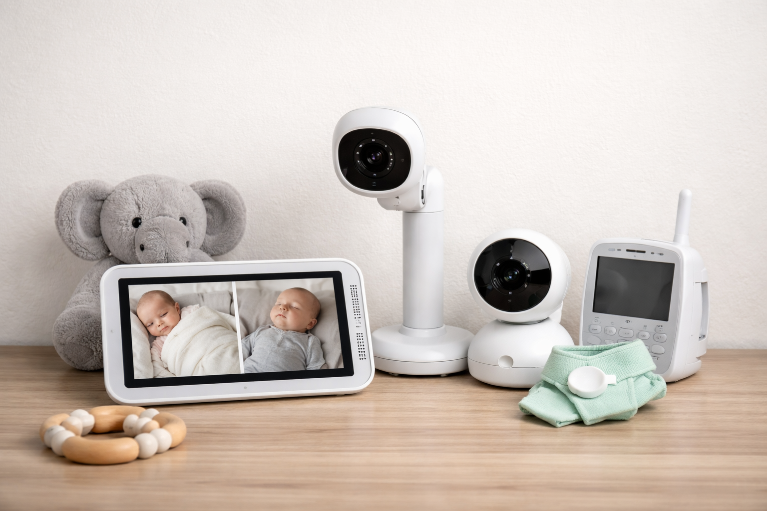 Baby monitor setup for twins with dual cameras and split-screen display on a neutral background