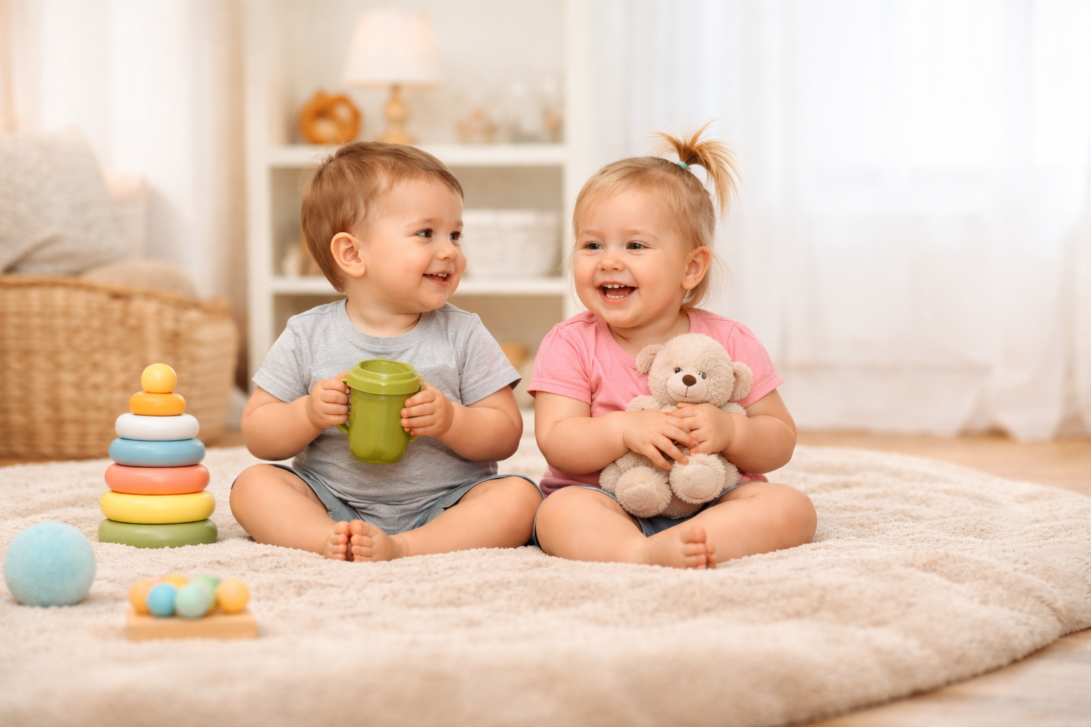 Twin toddlers sitting on a soft rug playing with toys and smiling in a bright, cozy home environment